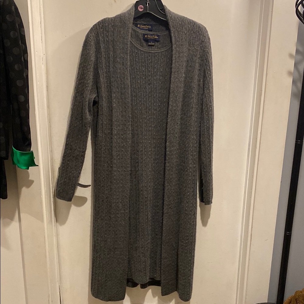 Brooks Brothers Gray Open Front Cashmere Cardigan Sweater Set with sheath dress